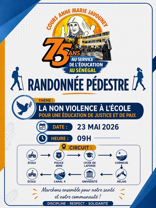 Affiche de la randonnée pédestre du jubilé des 75 ans du Cours Anne Marie Javouhey Dakar circuit et horaires